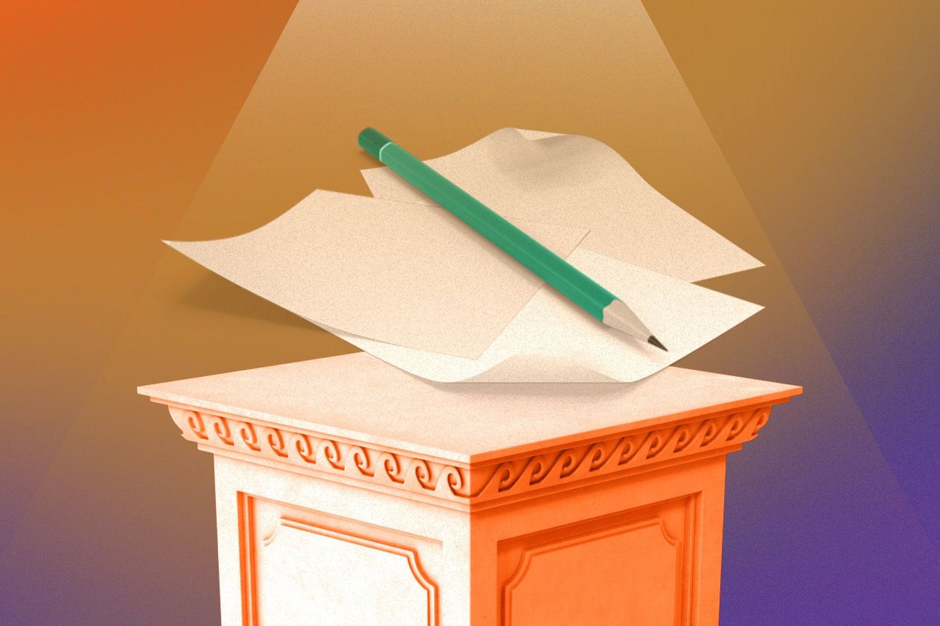 a pillar with a few pieces of paper and a green pencil on top of it