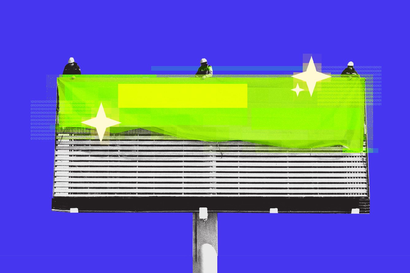 A roadside advertising sign with two AI star symbols