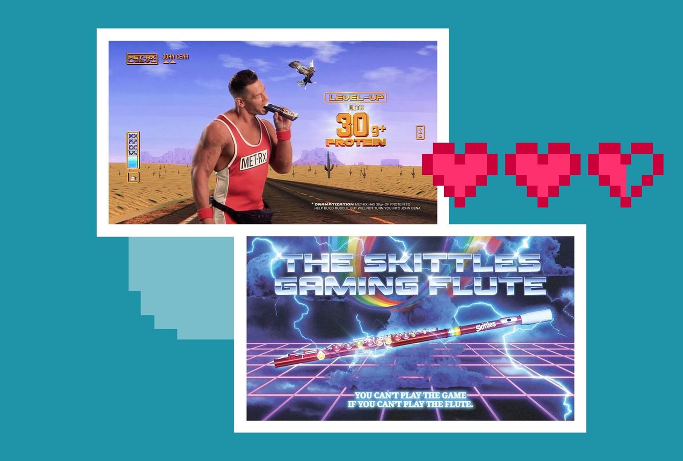 Photo collage showing John Cena biting into a Met-Rx bar on a pixellated video game-style desert background, and the Skittles gaming flute.