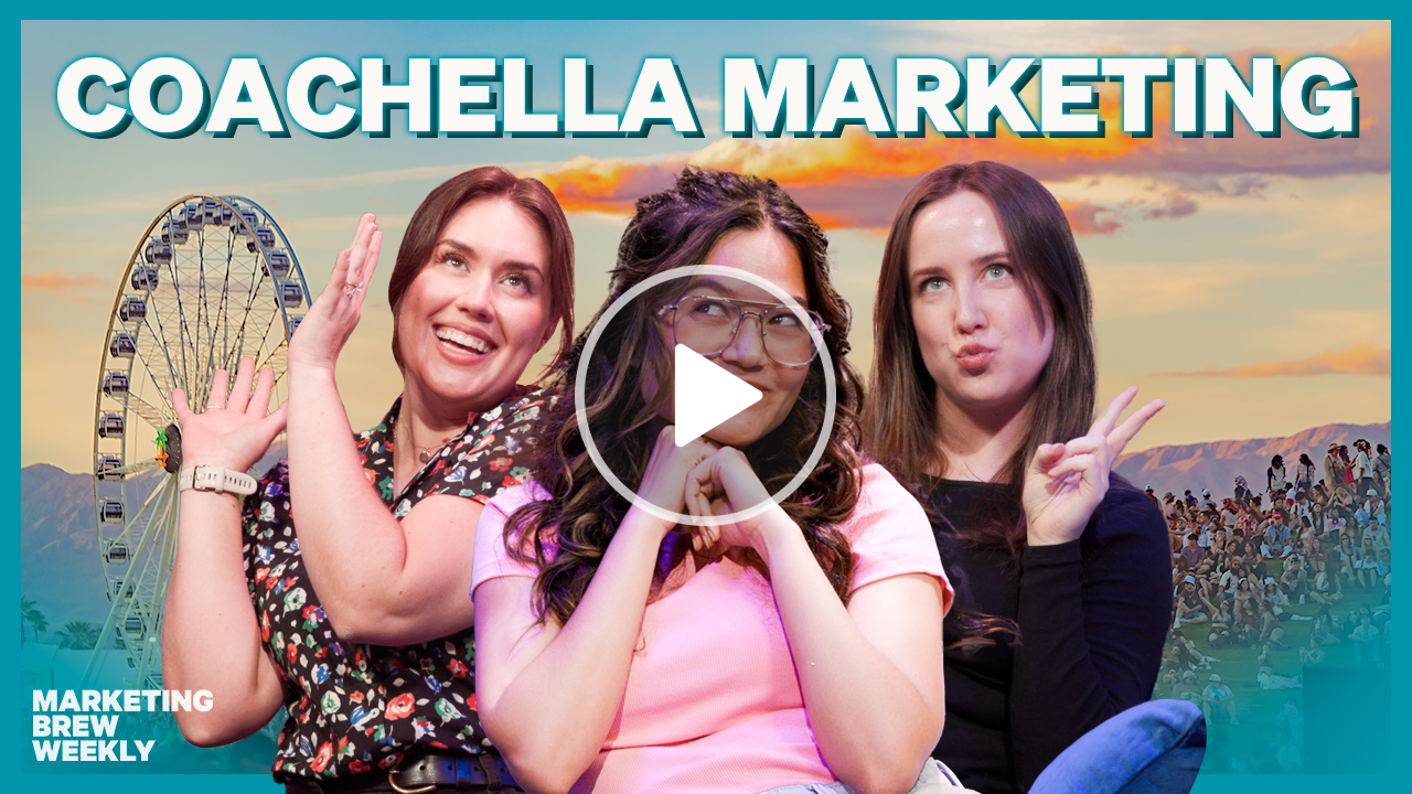 A collage of stills from Marketing Brew Weekly with a white play icon in the middle